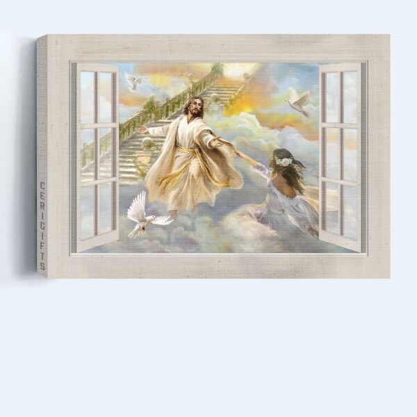 Jesus Landscape Poster Home Decor Gift – Christian Wall Art with Jesus Painting Beautiful Girl White Dove – The Way to Heaven – Gift for Christians