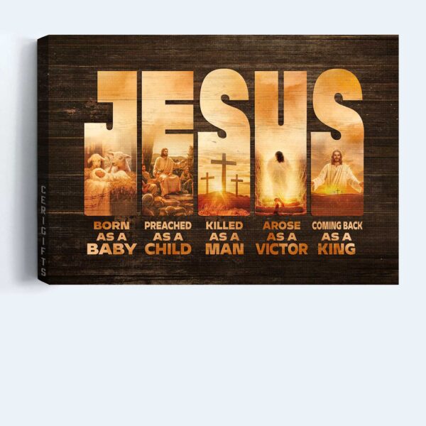 Jesus Landscape Poster Home Decor Gift – Christian Wall Art Born as Baby Coming Back as King – Gift Prints