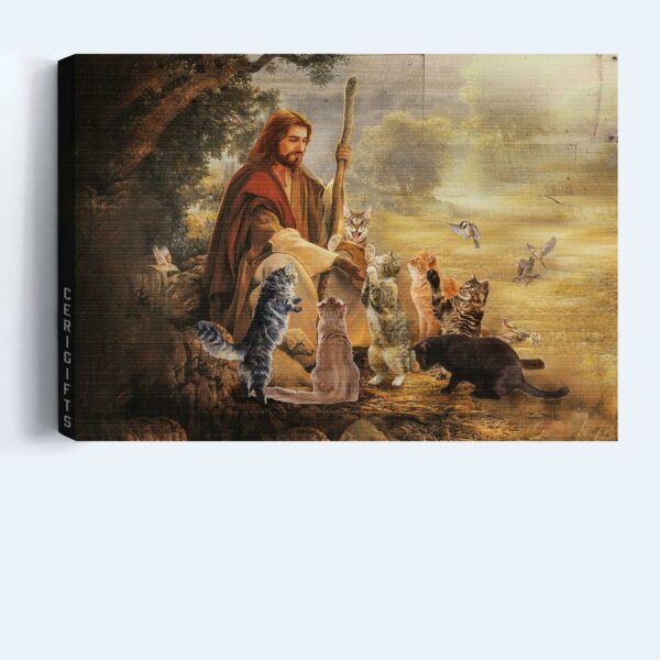Jesus and Cats Landscape Poster: Christian Wall Art Home Decor Gift