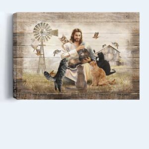 Jesus Landscape Poster - Tranquil Farm & Cats - Christian Home Decor Gift Print 3