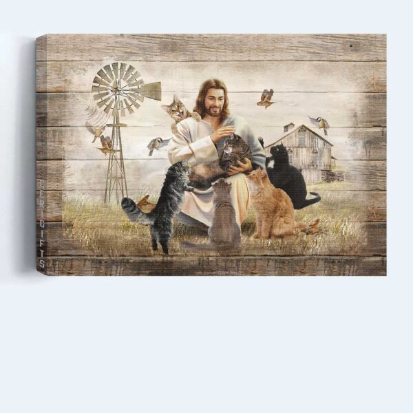 Jesus Landscape Poster – Tranquil Farm & Cats – Christian Home Decor Gift Print