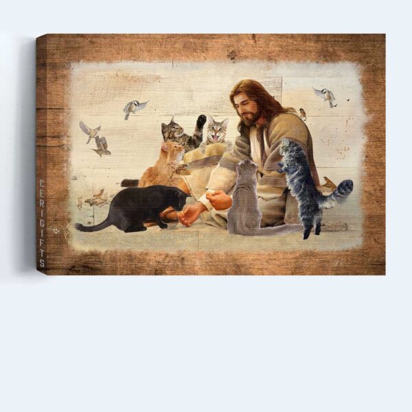 Jesus Landscape Poster Home Decor Gift – Christian Wall Art with Cats and Hummingbird Painting