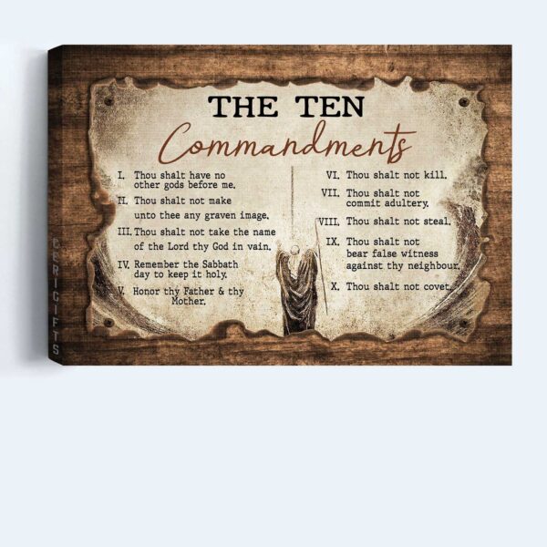 Jesus Landscape Poster Home Decor – Christian Wall Art Gift with Ten Commandments on Wooden Background