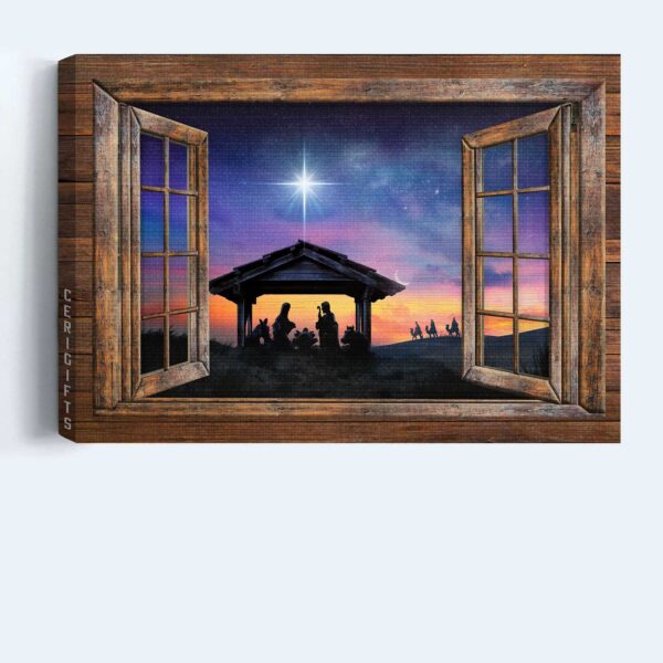 Jesus Landscape Poster: Christian Home Decor Gift – Painting Wooden Window Halo Night – Wall Art Prints