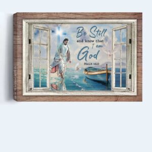 Jesus Walking on Water Landscape Poster - Christian Home Decor Gift with Light Cross and Window Frame - Be Still and Know That I Am God Wall Art 1
