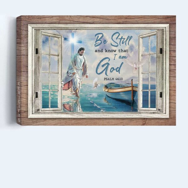 Jesus Walking on Water Landscape Poster – Christian Home Decor Gift with Light Cross and Window Frame – Be Still and Know That I Am God Wall Art