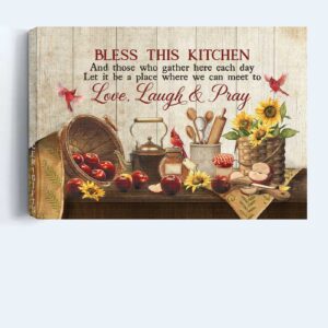 Jesus Landscape Poster Home Decor Gift - Christian Kitchen Art with Apple Sunflower and Red Cardinal - Bless This Kitchen Print and Christian Wall Art 1