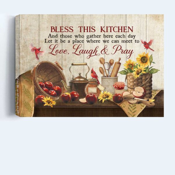 Jesus Landscape Poster Home Decor Gift – Christian Kitchen Art with Apple Sunflower and Red Cardinal – Bless This Kitchen Print and Christian Wall Art