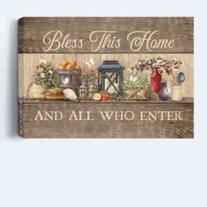 Bless This Home Jesus Landscape Poster - Christian Wall Art Gift with Beautiful Flowers and White Candles 1