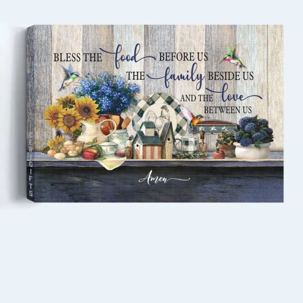 Christian Kitchen Decor Gift: Jesus Landscape Poster with Blue Flowers & Hummingbird – Bless the Food & Love – Wall Art Print