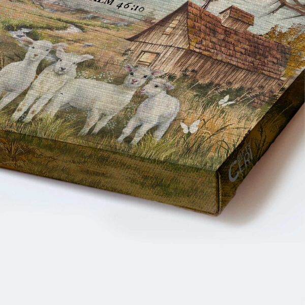 Jesus Landscape Poster Home Decor Gift – Lambs Painting Old Farmhouse Countryside White Butterfly – Be Still and Know – Wall Art Print