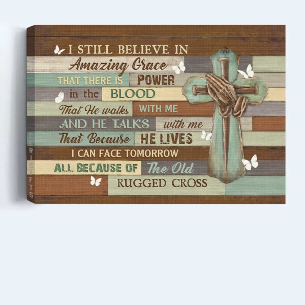 Christian Home Decor Gift: Jesus Landscape Poster with Praying Hands Nail Cross and White Butterfly – Amazing Grace Wall Art
