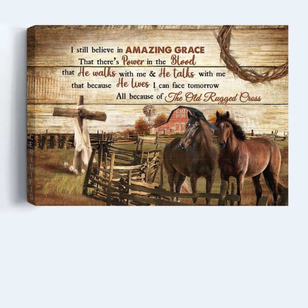 Christian Landscape Poster: Quarter Horses Wooden Fence Yellow Sky – Gift for Christian Home Decor – Amazing Grace Wall Art