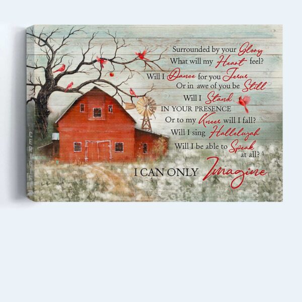 Jesus Landscape Poster Home Decor Gift – Red Barn Dandelion Field Cardinal Drawing – Christian Wall Art