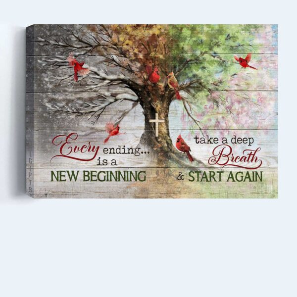 Red Cardinal Landscape Poster – Christian Wall Art with God and Faith – Four Seasons Tree Decor – Gift for Christians