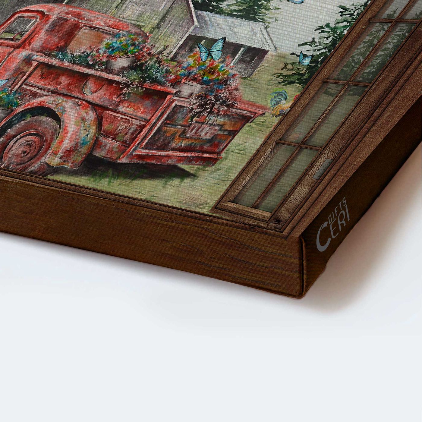 Vintage Jesus Landscape Poster Home Decor Gift – Red Truck Painting Green Meadow Blue Butterfly – Christian Farm Wall Art