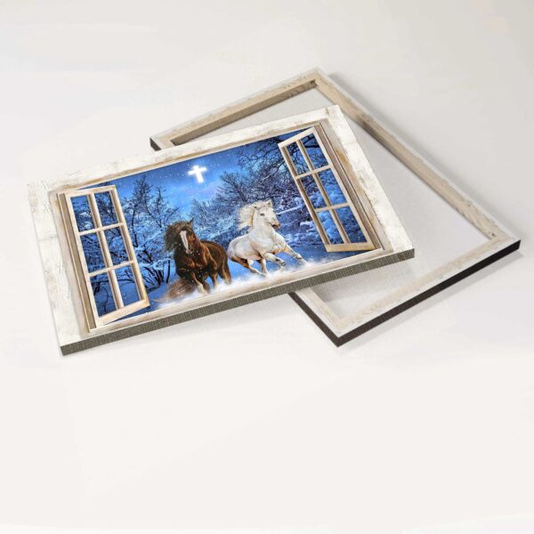 Christian Landscape Poster: Running Horses Blue Night Crystal Cross Winter Forest  Poster Home Decor Gift – Unique Home Decor Gift