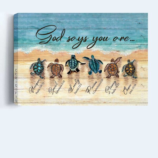 Christian Home Decor: Jesus Landscape Poster with Sea Turtle and Beach Painting – God Says You Are – Wall Art Print Gift