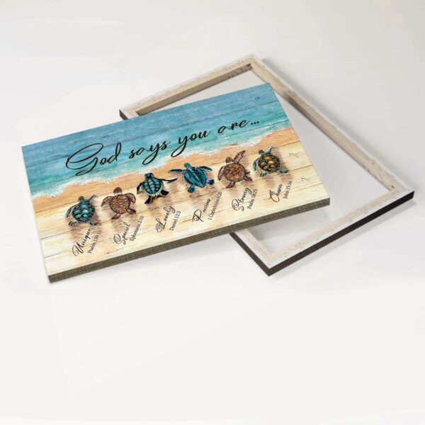 Christian Home Decor: Jesus Landscape Poster with Sea Turtle and Beach Painting – God Says You Are – Wall Art Print Gift