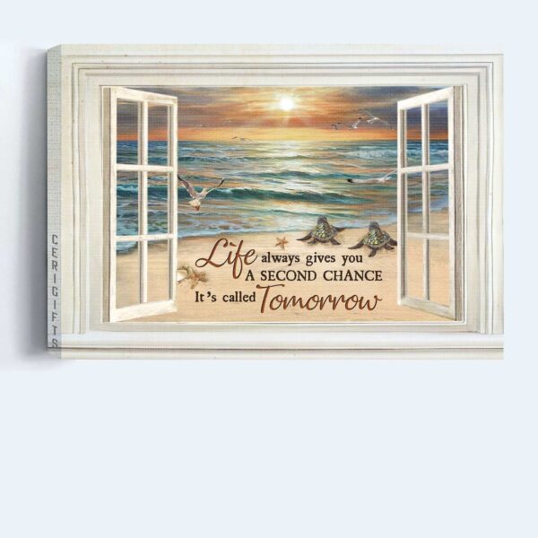 Christian Beach Landscape Poster – Sea Turtle & Seagull Painting Home Decor Gift