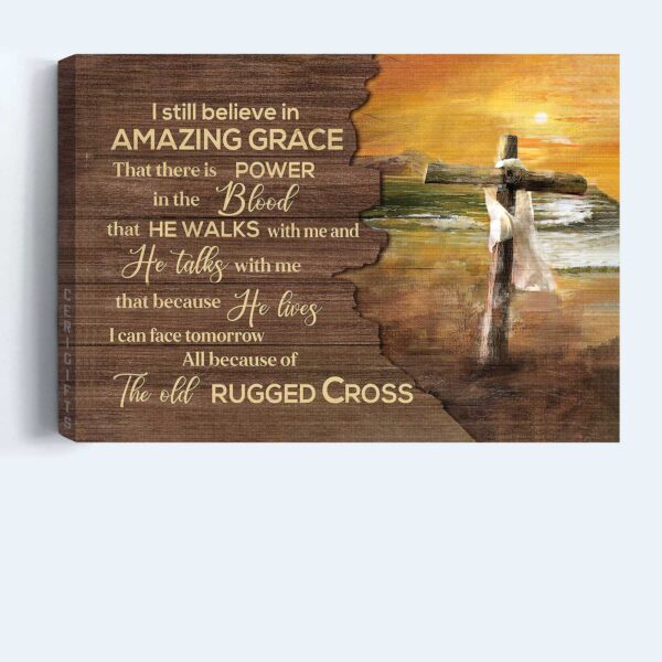 Sunset Beach & Wooden Cross Jesus Poster – Christian Home Decor Gift – Amazing Grace