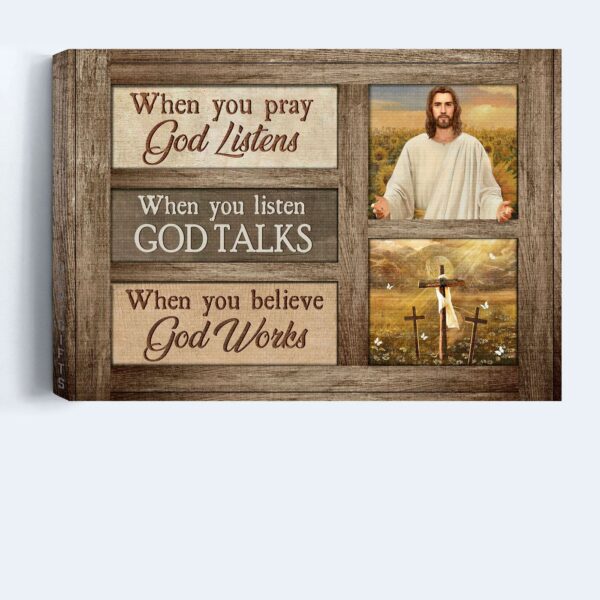 Jesus Landscape Poster Home Decor Gift – Three Crosses & Positive Quote – Inspirational Religious Christian Gift – Believe & God Works