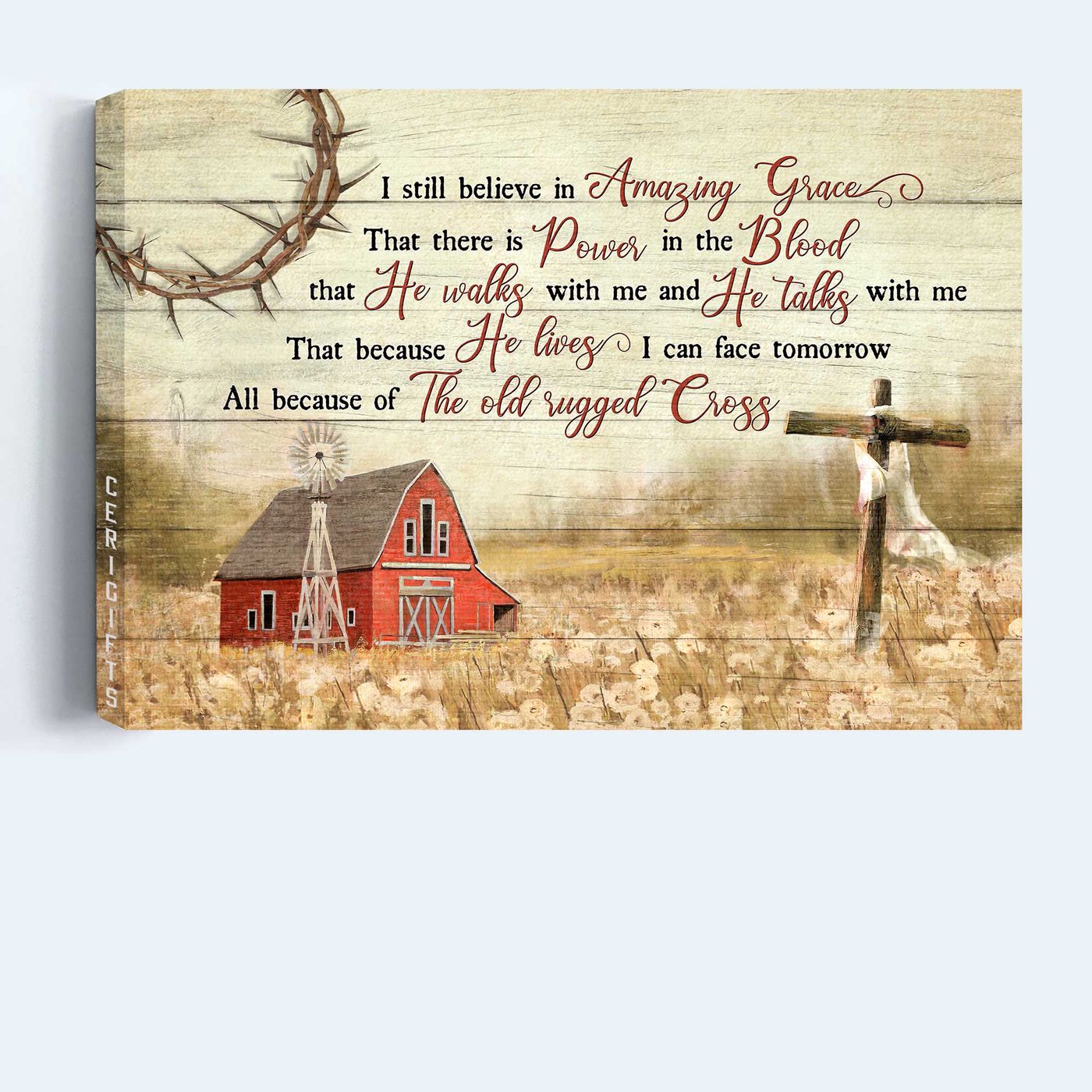 Vintage Jesus Landscape Poster with Wooden Cross and Red Barn – Christian Home Decor Gift Amazing Grace