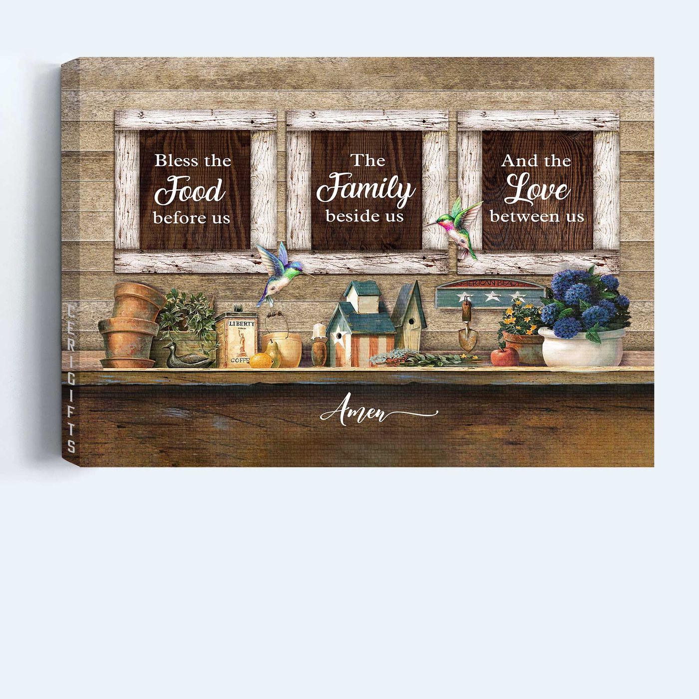 Vintage Kitchen Jesus Landscape & Hummingbird Poster Home Decor Gift – Bless The Food Before Us – Christian Gift