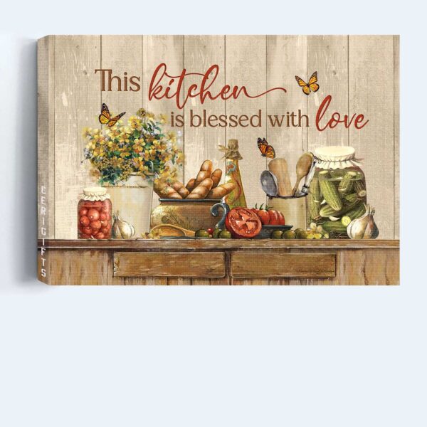 Vintage Christian Kitchen Decor Gift – Jesus Landscape Poster with Yellow Flower and Fresh Tomato – Blessed with Love Wall Art