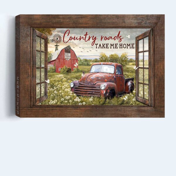Vintage Ladybug Car & Dandelion Garden Jesus Landscape Poster – Gift For Christian Home Decor – Country Roads Take Me Home Farm Poster Gift