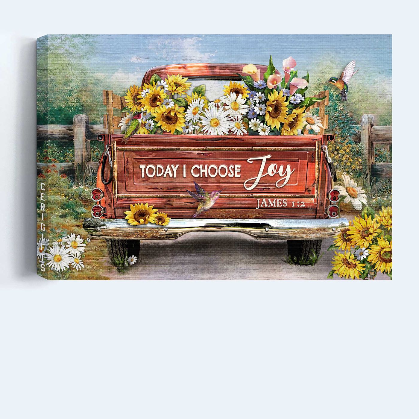 Vintage Truck Flower Field Hummingbird Poster – Christian Home Decor Gift – Today I Choose Joy Wall Art