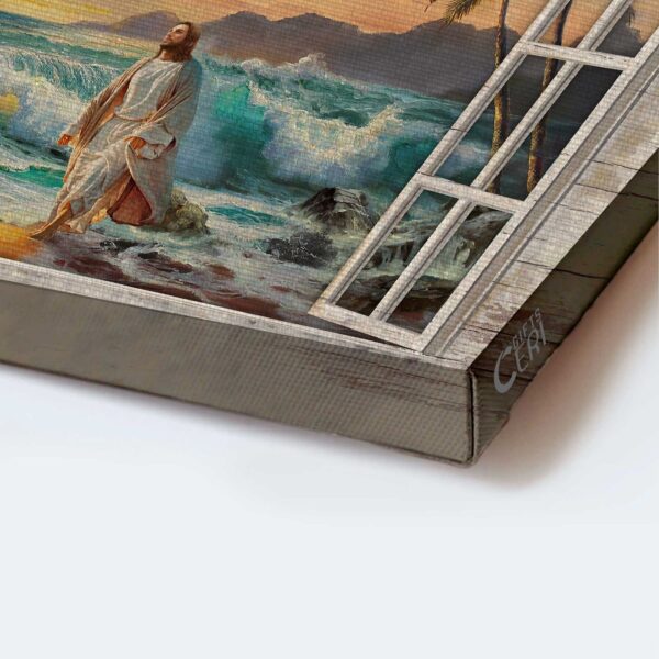 Walk With Jesus Sunset Beach Sea Window Frame Poster Home Decor Gift for Christian