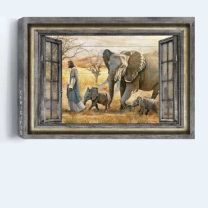 Jesus Landscape Poster - Walking With Jesus Elephant Painting Yellow Meadow - Christian Home Decor Gift 3