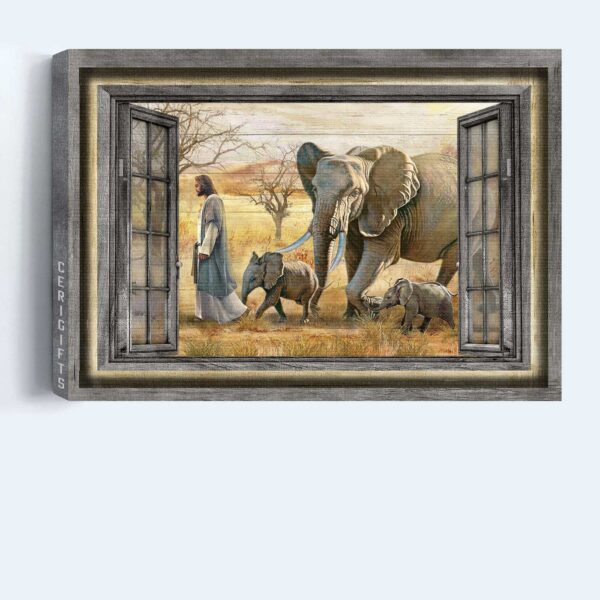 Jesus Landscape Poster – Walking With Jesus Elephant Painting Yellow Meadow – Christian Home Decor Gift