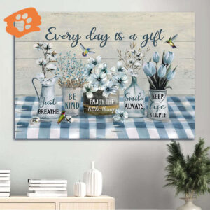 Christian Home Decor Gift: Jesus Landscape Poster with Flowers and Hummingbird - Every Day Is A Gift