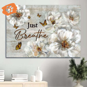 Vintage Jesus Landscape Poster with White Flower & Yellow Butterfly - Christian Home Decor Gift - Just Breathe