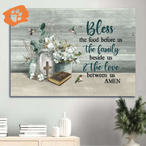 Christian Home Decor Gift: Jesus Landscape Poster with White Flower Vintage Bible and Colorful Hummingbird - Bless The Food Before Us