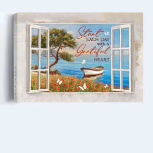 Jesus Landscape Poster Home Decor Gift - Wooden Boat Blue Ocean Flower Field - Gift For Christian - Start Each Day With A Grateful Heart 3