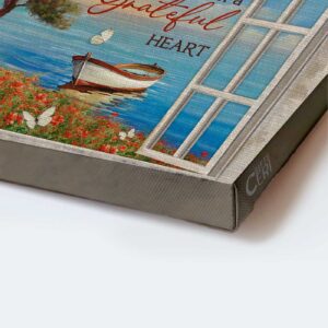 Jesus Landscape Poster Home Decor Gift - Wooden Boat Blue Ocean Flower Field - Gift For Christian - Start Each Day With A Grateful Heart 1