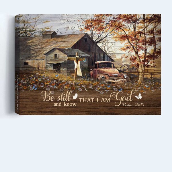 Jesus Landscape Poster Home Decor Gift – Wooden House Antique Ladybug Car Daisy Field – Be Still And Know That I Am God