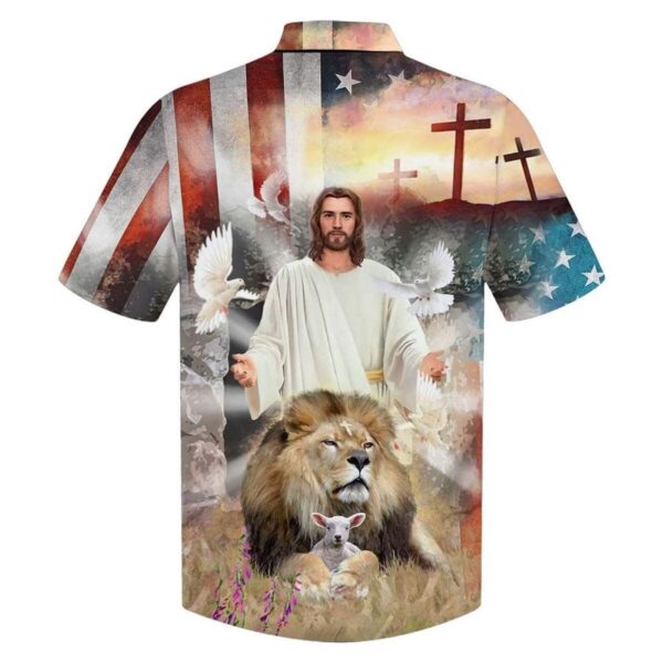 Jesus Lion Lamb Cross Christian American Flag Hawaiian Shirt – Men s Christian Gift