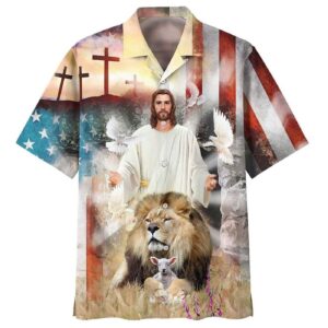 Jesus Lion Lamb Cross Christian American Flag Hawaiian Shirt - Men s Christian Gift