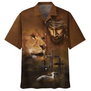 Jesus Lion & Lamb Three Cross Hawaiian Shirt for Men - Christian Gift