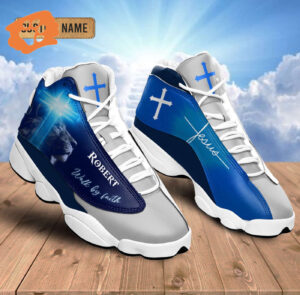 Jesus Lion Blue Walk by Faith custom name Air Jordan 13 Shoes - Gift for Men Women
