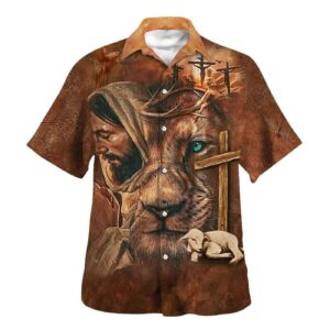 Men s Jesus Lion Cross & Lamb Christian Hawaiian Shirt - Perfect Gift for Christians