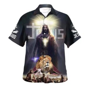 Men s Jesus Lion Lamb Hawaiian Shirt: Christian Gift for Disciples