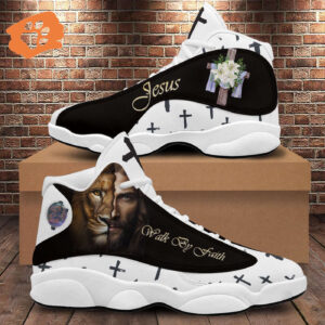 Jesus Lion Walk By Faith Basketball Shoes, Christian Flower Cross Running Shoes, Religious Gift For Jesus Lovers