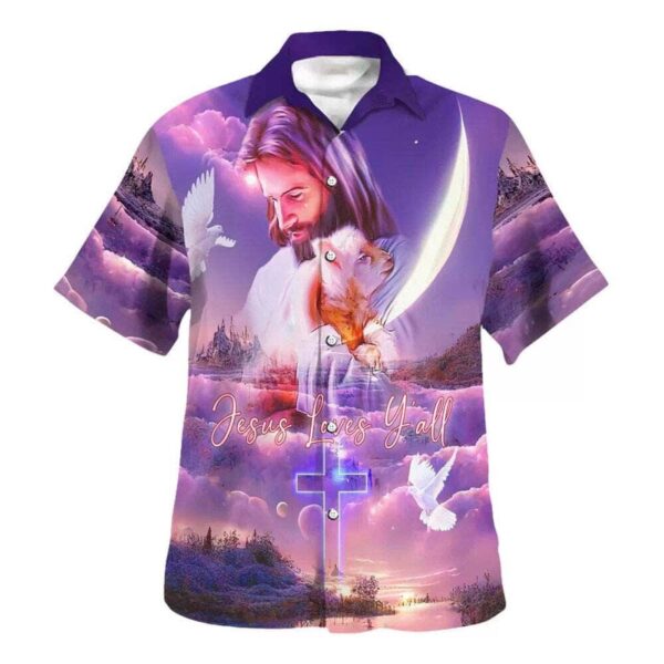 Men s Jesus Loves Y all Hawaiian Shirt: Christian Gift with Jesus and Lamb Design