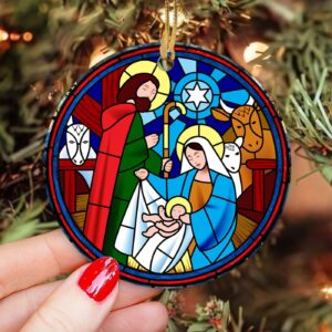 Unique Jesus Nativity Ceramic Ornament - Warm Style Circle Design 1