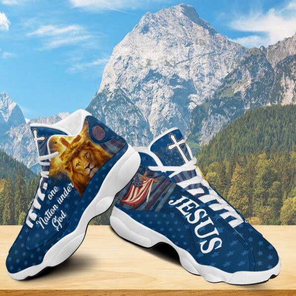 Jesus One Nation Under God Basketball Shoes, Christ Lion American Flag Cross Running Shoes, Faith Gift